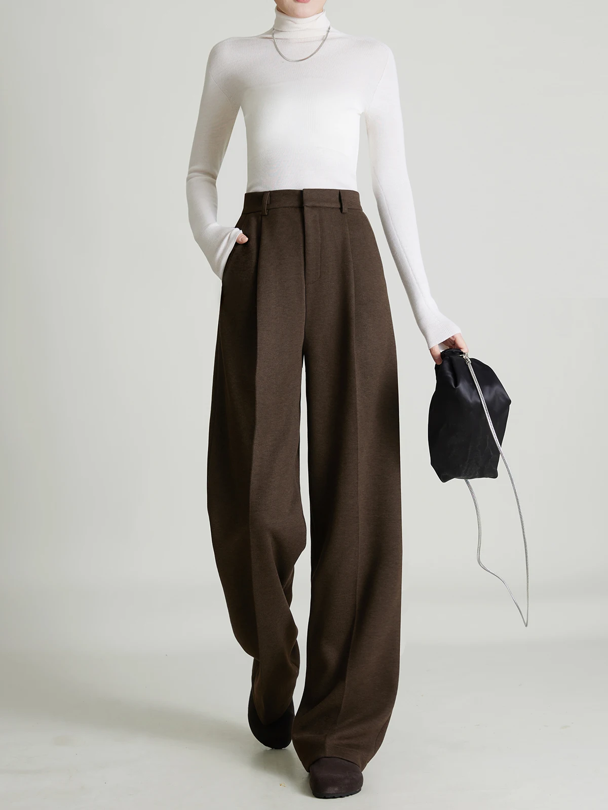 

High Waist Thiened Woolen Wide Leg Pants Winter Casual Trousers Floor-Length Dra Suit Pants for Women Commute Sle