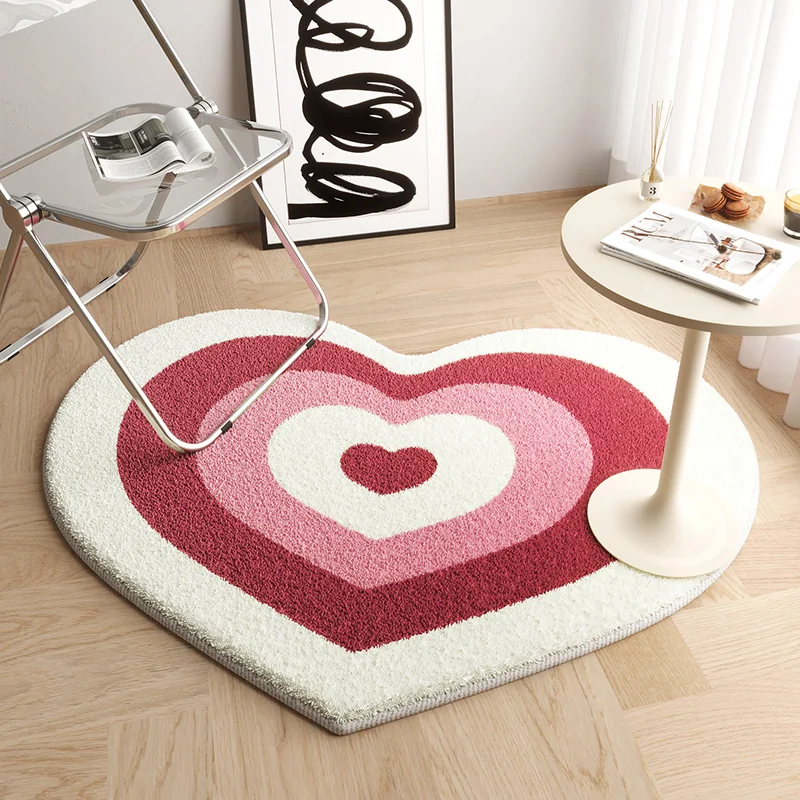 Pink‑Black Cartoon Eyes Heart‑shape Plush Doormat Irregular Anti‑slip Floor Mat Girls Room Indoor Home Decoration
