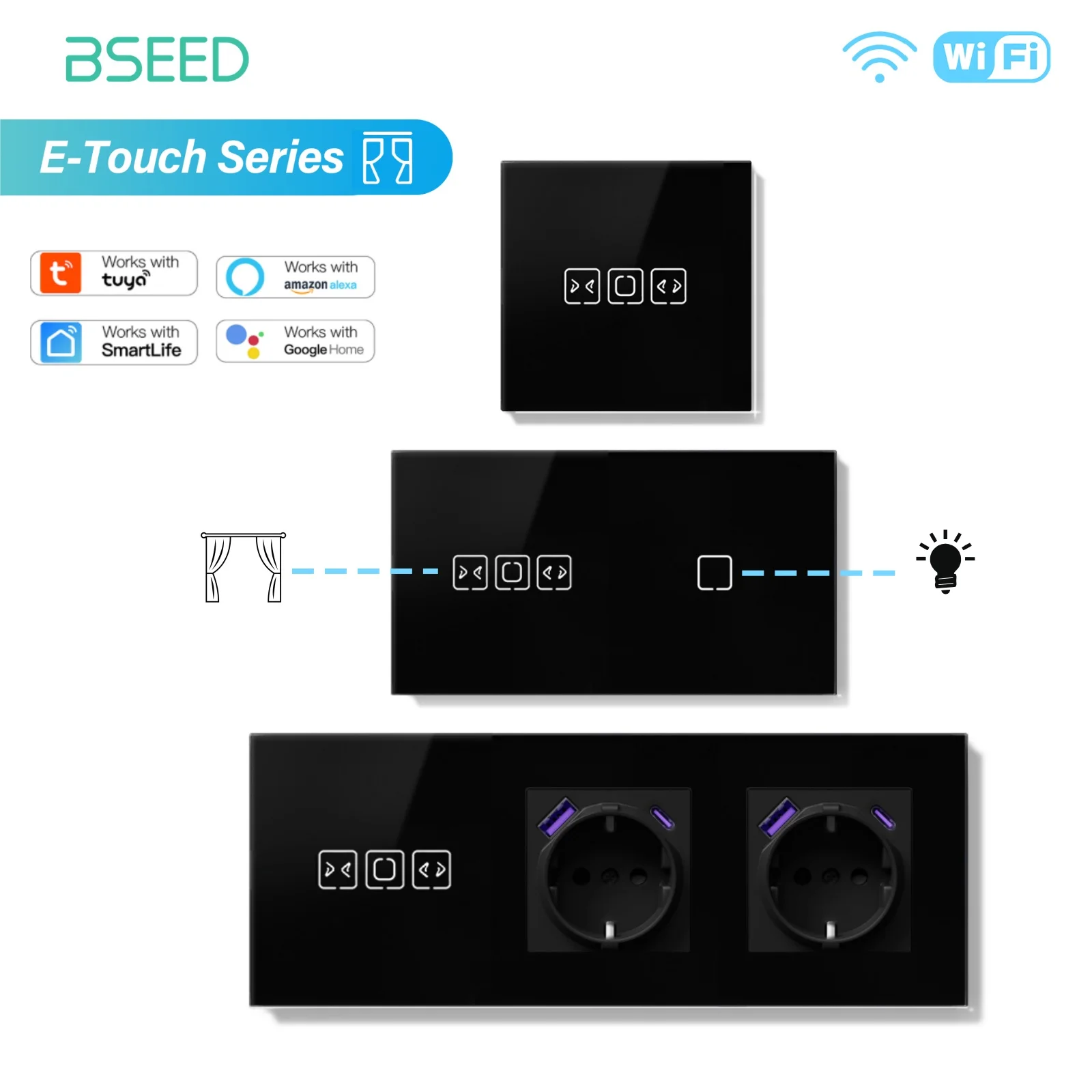 

BSEED Tuya WIFI переключатель штор Smart Touch переключатели штор стеклянная рамка Tuya APP переключатель ЕС настенные розетки с USB-C для виллы Ho