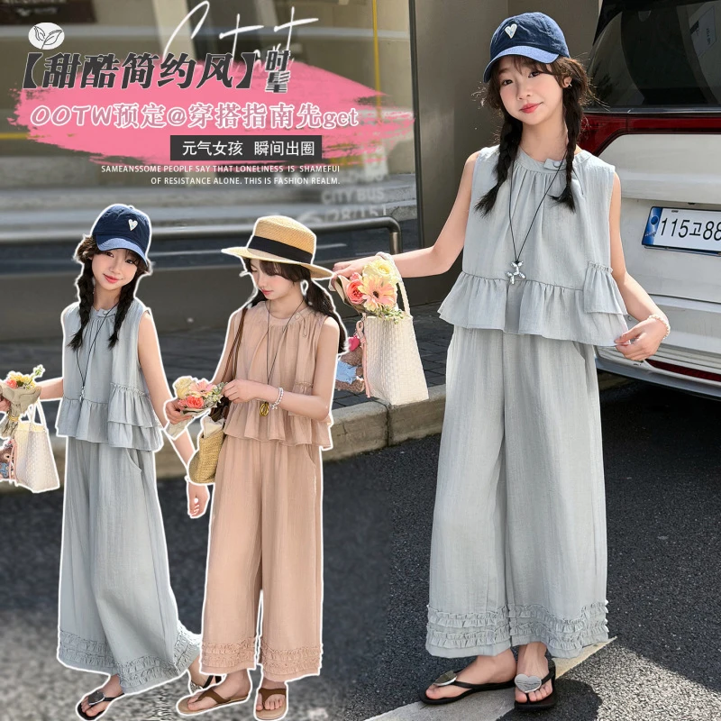 女の子用コットンリネンノースリーブレースセット2026夏新作フリルワンピース（年長児向け）ttシャツとワイドレッグパンツのツーピース