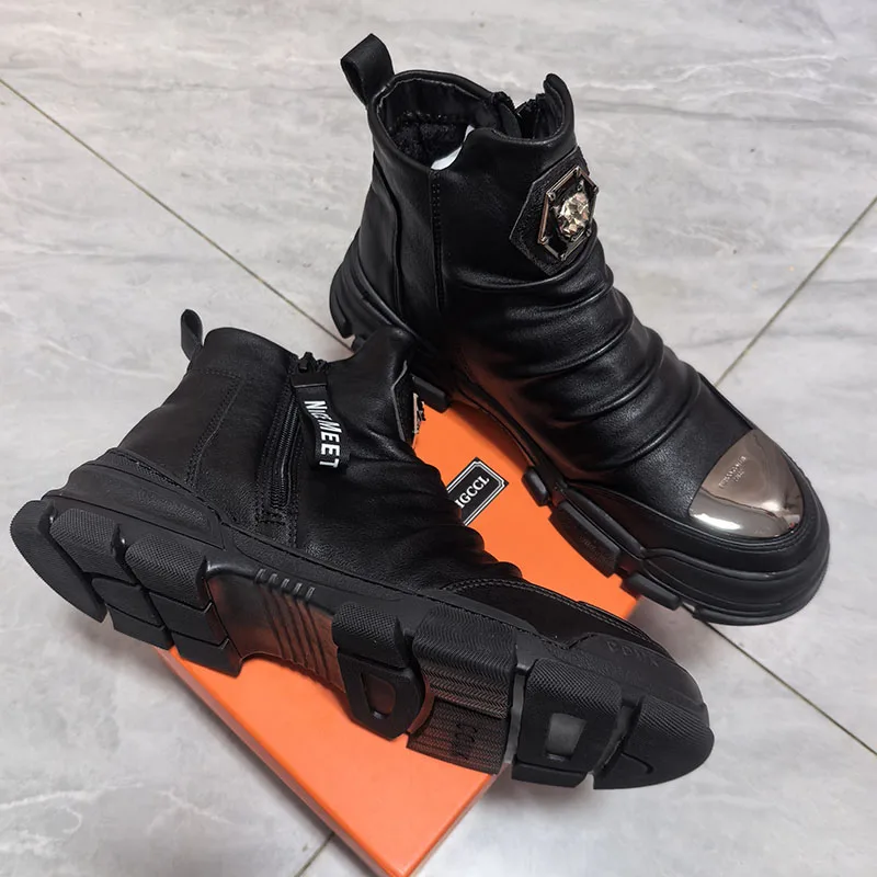 

Black high-top leather boots, casual sneakers with lace-up design, versatile high-end casual shoes for both men and women 6