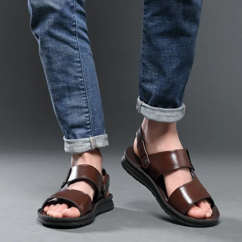 Men\'s Genuine Leather  Sandals Solid Color Men Summer Shoes Casual Comfortable Open Toe Sandals Soft Beach Shoes Plus Size 45