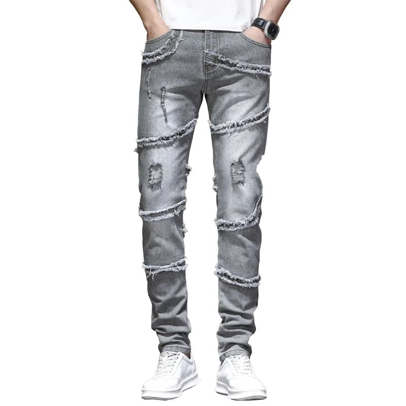 2024 Nieuwe Knappe Gescheurde Stiksels Jeans Mannen Slim Fit Stretch Persoonlijkheid Gerafelde Retro Persoonlijkheid Gewassen Motorbroek