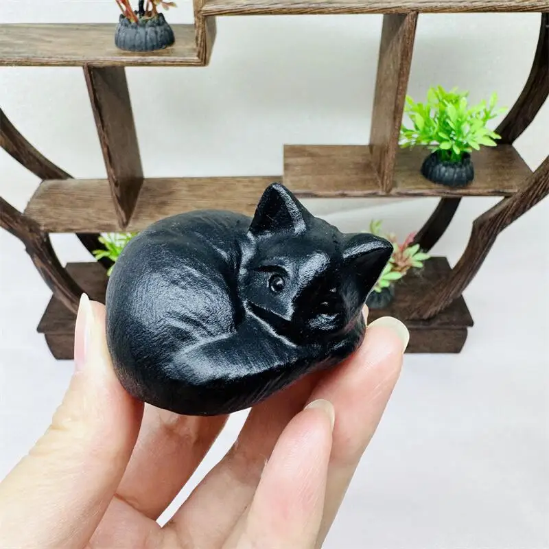 

Natural Black Obsidian Sleeping Cat Statue Adorable Flash Quartz Crystal Stone Animal Carving Sculpture Reiki Gift 1pcs 6.5x5cm