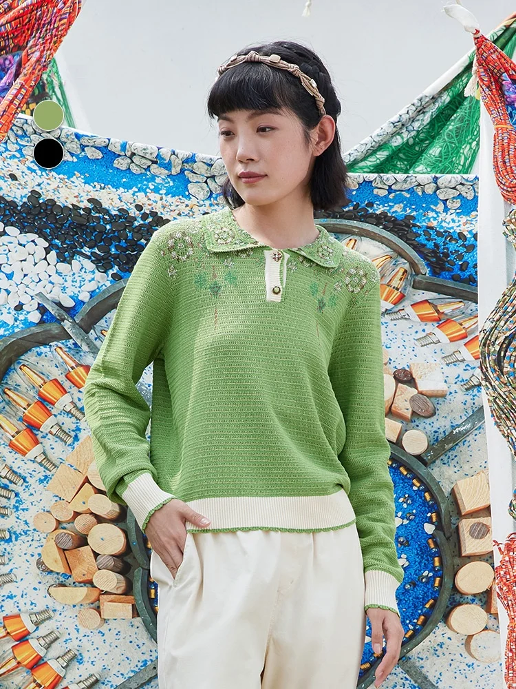 

Fall Vintage Artistic Simple Turn-down Collar Embroidered Knitted ort een Sweater 43N074 Ladies' Pullover Knitwear