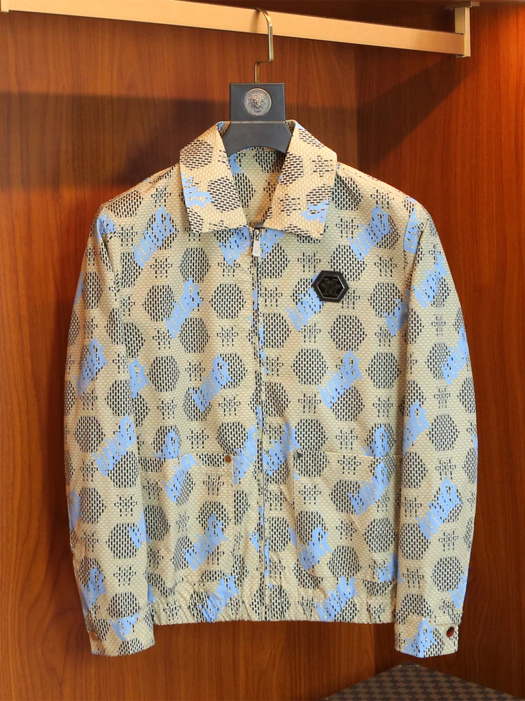 

Men's Slim Fit Printed Jaet Thin Printed Collar Bee Embroidery Label Casual Versatile Top Polyester Fiber Long Sve Coat