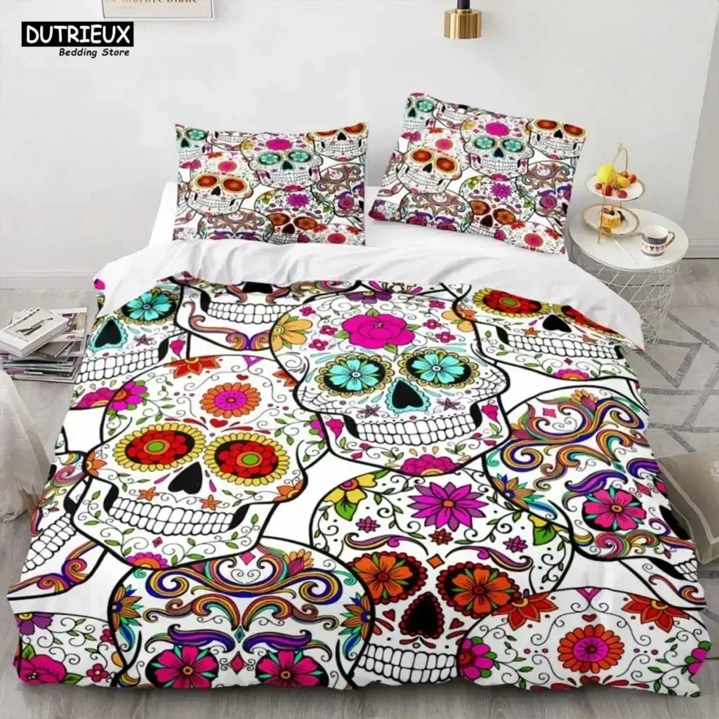 

Luxury New 3D Print Skeleton Skull Bedding Set Queen King Full Size Duvet Cover Set Rose Flower Bed Linen For Adults Teens