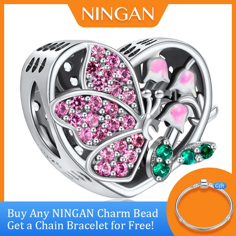 

NINGAN Love Charm Beads 925 Sterling Silver Fine Jewelry Original Birthstone Flower Charms for Bracelet Necklace Pendant