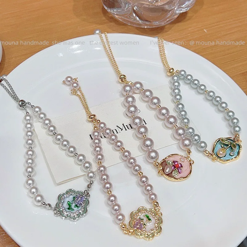 

Сладкий сад ~ Shijia, пасторальная картина маслом, цветок для женщин, красивый жемчужный браслет в форме ракушки, выдвижная ручная веревка