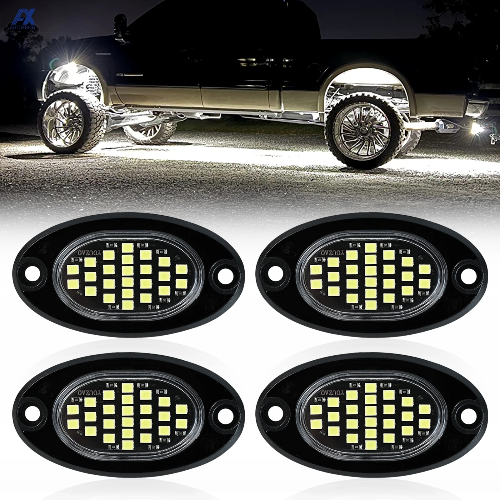 4Pcs 12V 24V White LED Car Underbody Glow Atmosphere Light 24 SMD Chassis IP67 Waterproof Wheel Stone Rock SUV Pickup Motocycle