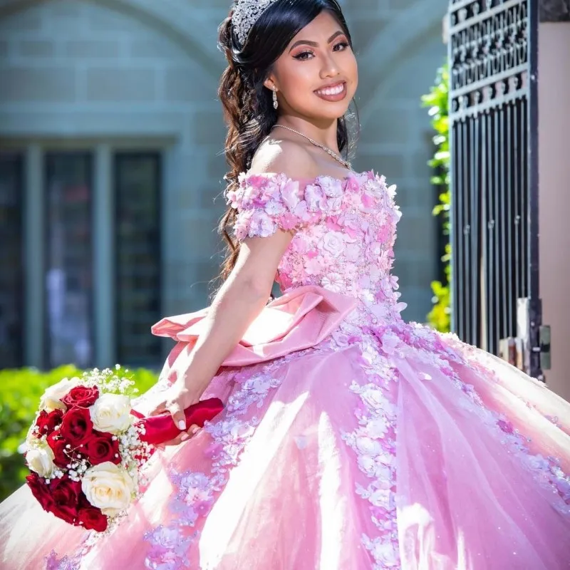 Doymeny-Vestidos de quinceañera con apliques florales en 3D, Rosa Mexicano brillante, Vestidos de Noche de XV Años, dulce 16, 2024