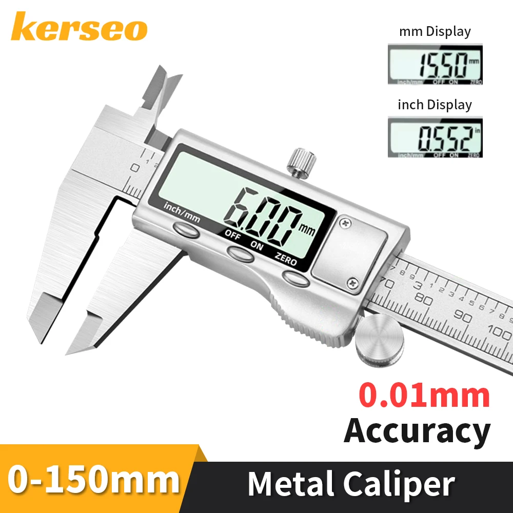 Kerseo digital metal caliper vernier calibre 0-150 ferramentas de medição inoxidável carpintaria medidor de espessura profundidade régua eletrônica