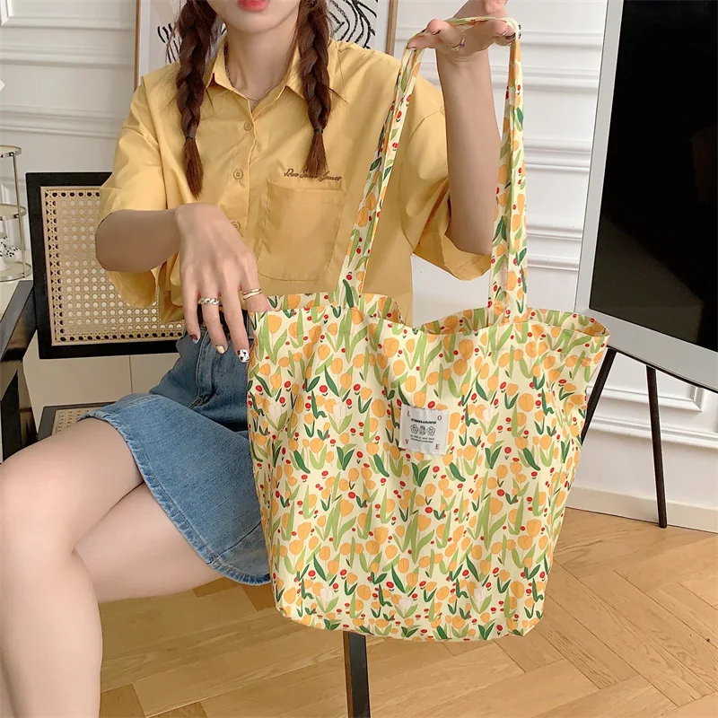 Vintage Printed Ladies Shoulder Bag Sweet Flower Tulip Female Tote Bags Handbags Large Capacity Soft Cotton Women's Shopping Bag