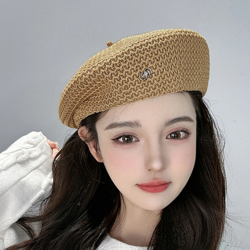 Women Fixed Pleated Straw Beret Summer Knit Breathable Big Artist Fashion Painter Hat