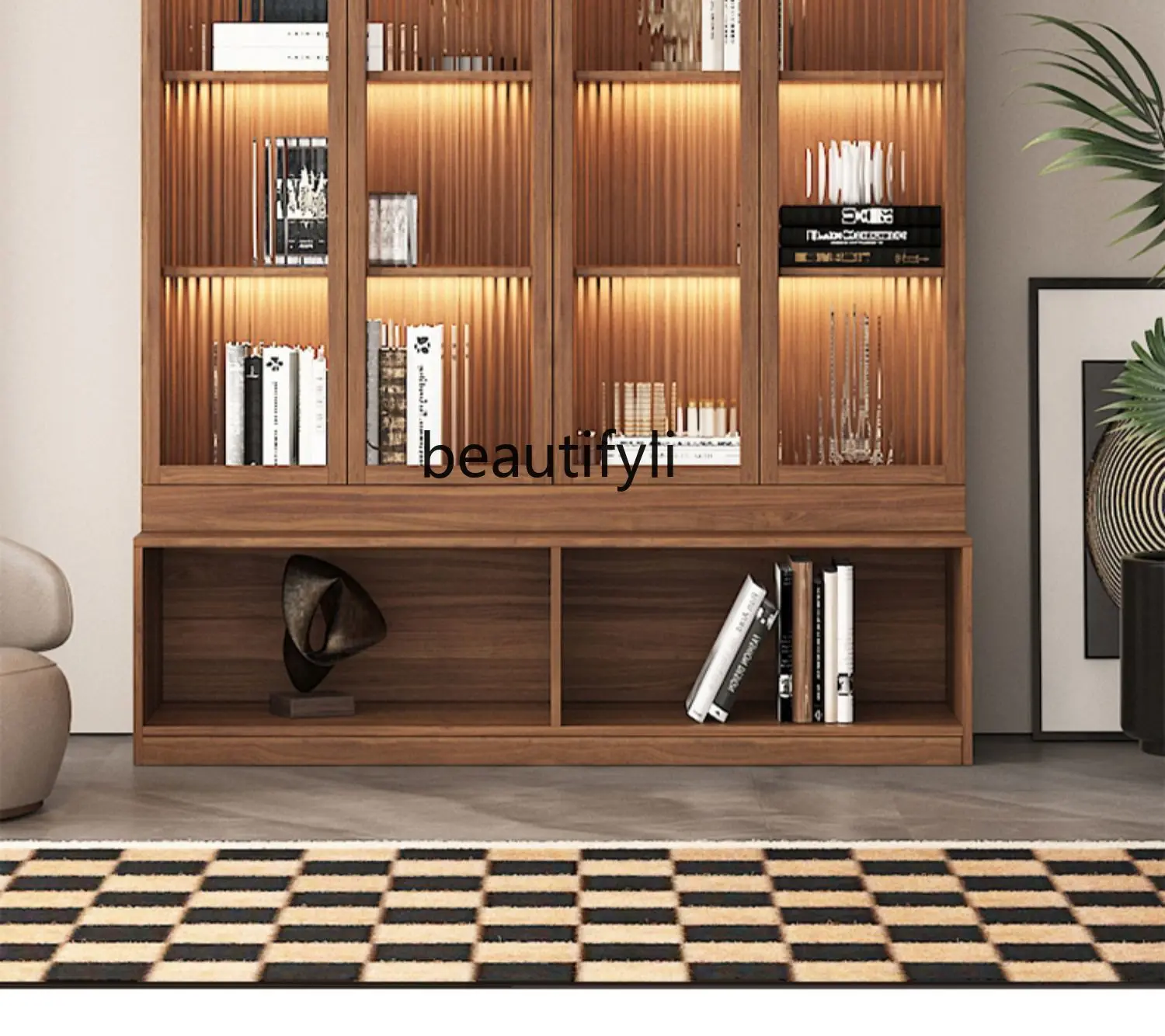 Living Room Bookcase Home Locker Integrated Entire Wall Glass Door Display Cabinet with Cabinet Door