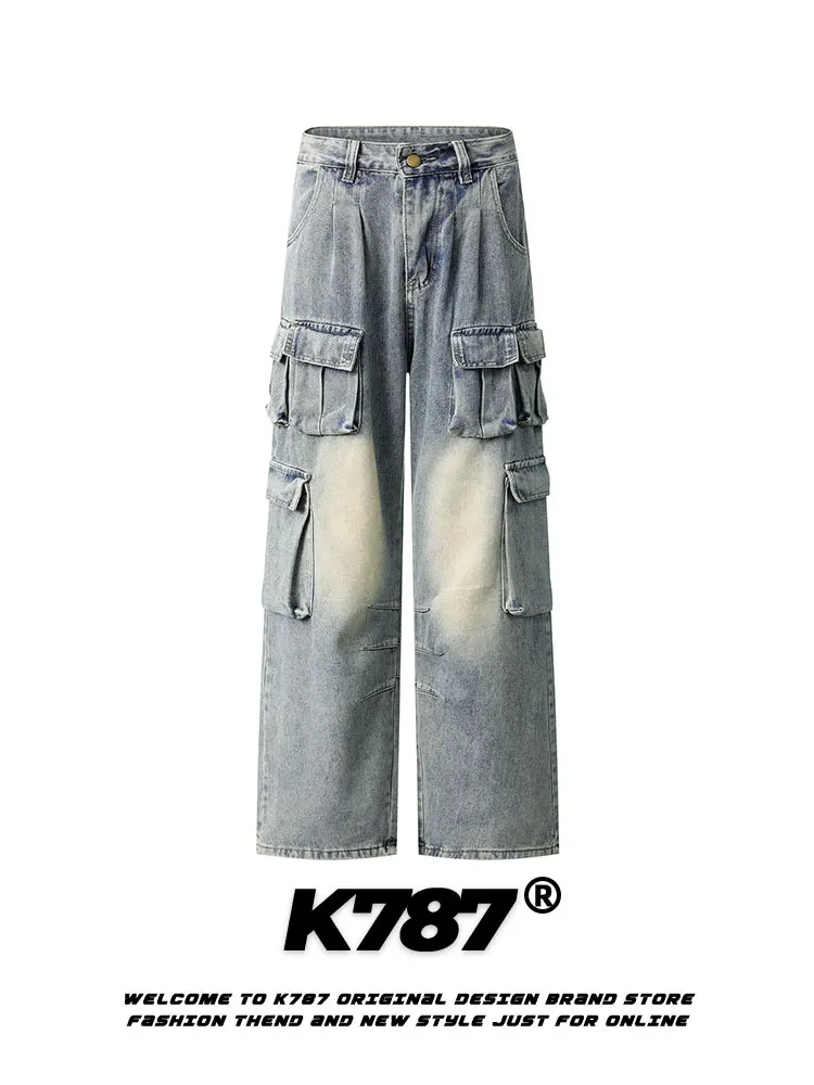 

K787 American Retro Men's High Waist Casual Jeans Multi-ket Waed Straight Leg Oversize Versatile Vintage Sle Jeans