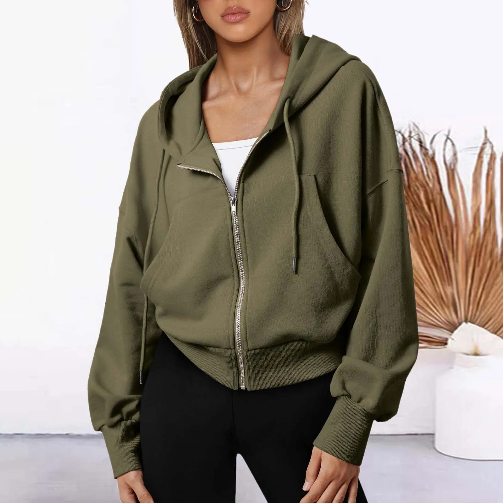 

2024 New Fashion Cropped Hoodie Solid Color Zip Up Hoodies Long Sleeve Casual Kpop Sweatshirt Ropa De Mujer