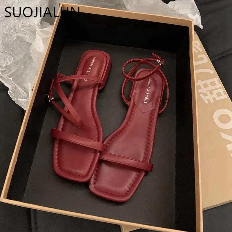 SUOJIALUN 2024 Summer Women Slipper Fashion Narrow Band Ladies Casual Sandal Shoes Square Low Heel Outdoor Dress Gladiator Shoes