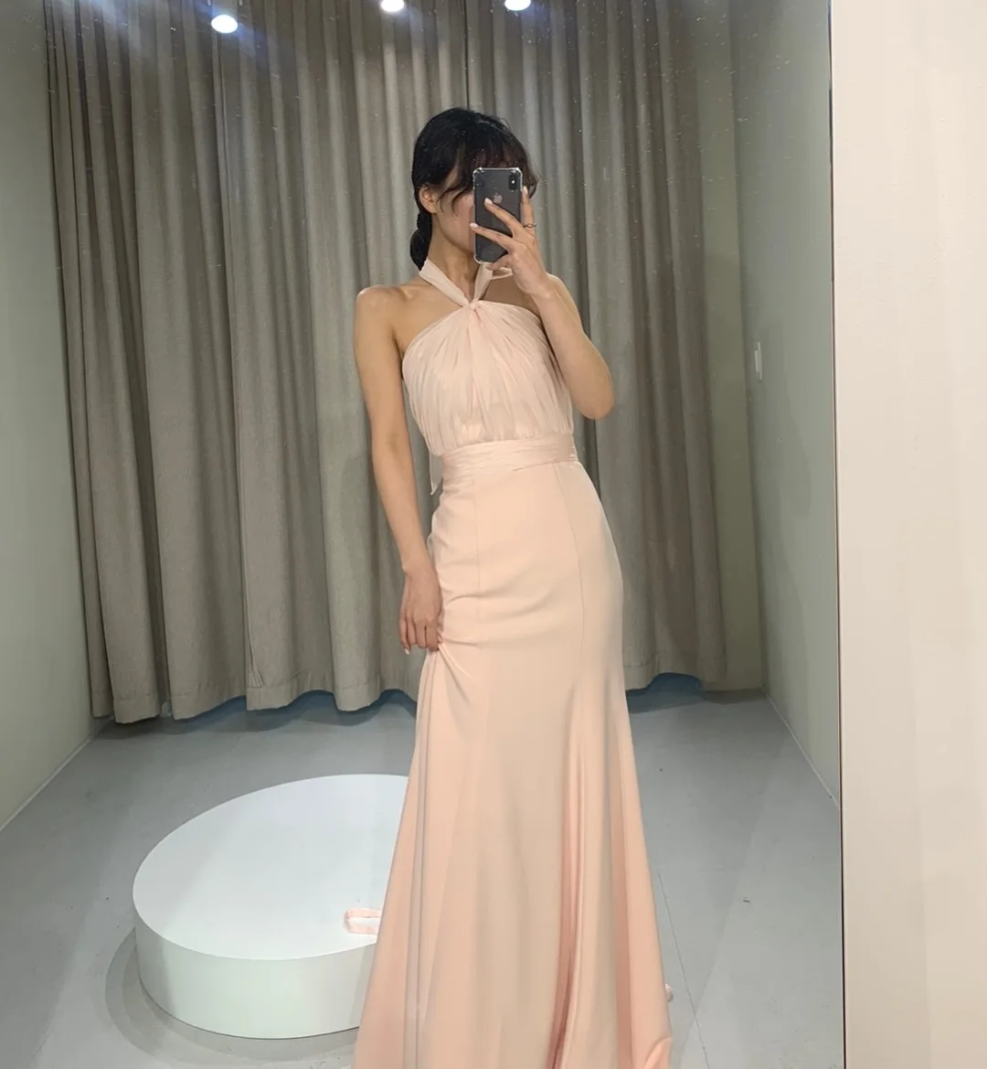 MD New Simple Pink Halter Wedding Dress Sleeveless Waist Pleat Korea Photo shoot Performance Dresses customised Prom Gown 2025