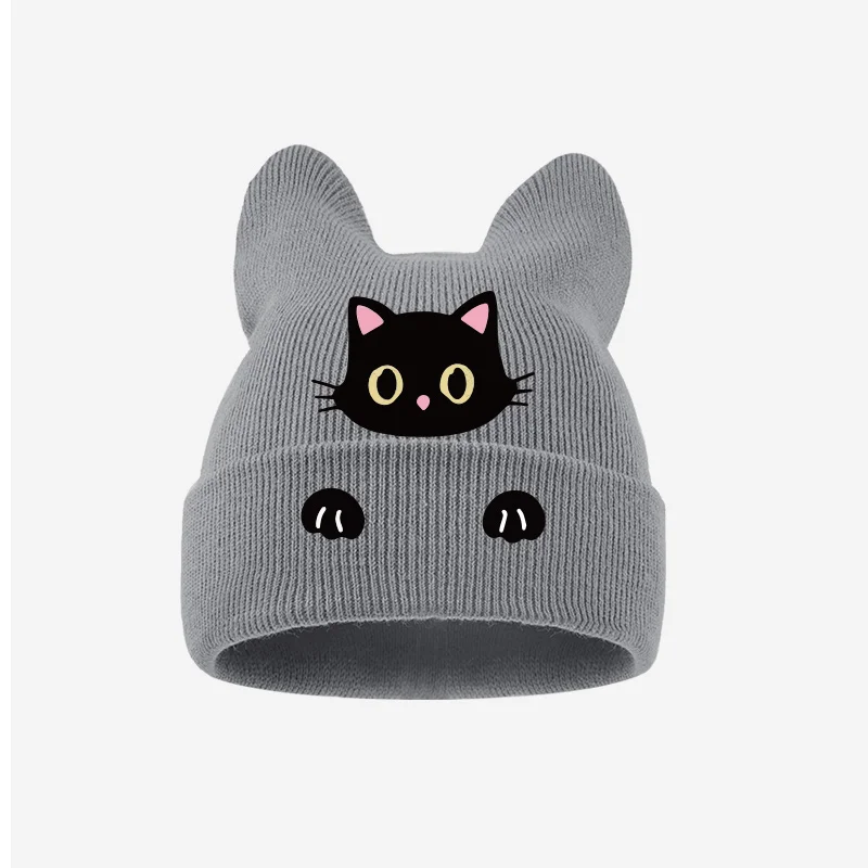 1‑3 Years Toddler Cat Ear Knit Cold Hat Cute Black Cat Cartoon Print Kids Soft Knitted Beanie Party Daily Accessory view 3