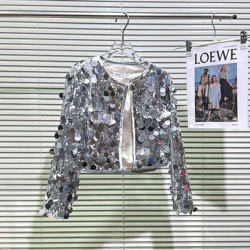

Girl's Sparkling Silver Round Neck Coat 2026 Spring and Autumn New Fashion Long Sleeve Kids Fashion All-match Jacket
