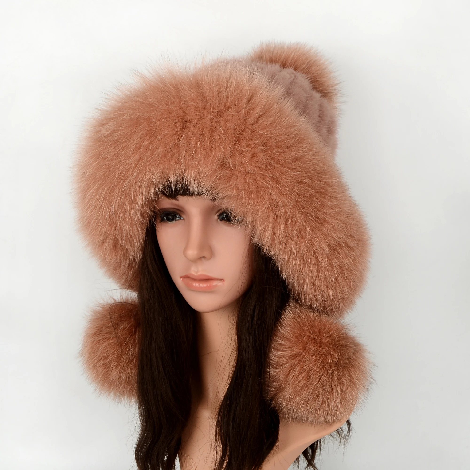 Foreign trade selling mink hats real fox fur ball women hats warm ear protection ladies Princess  hats Real mink Fur Beanies