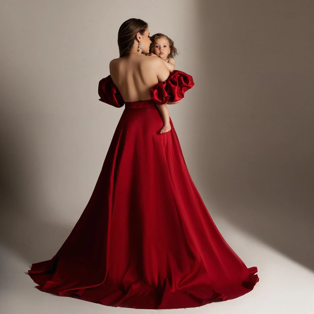 Luxury Maternity Gown w/ Detachable Train & Bubble Sleeves - Lace Satin Photoshoot Dress for  Baby Shower (red/White)