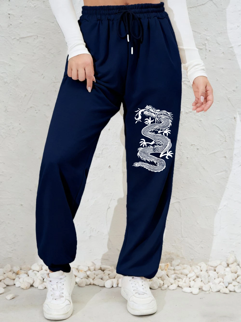 Dragon chinois imprime pantalons de survêtement femmes pantalons décontractés tout-Match taille élastique poche survêtement pantalon automne femme Streetwear