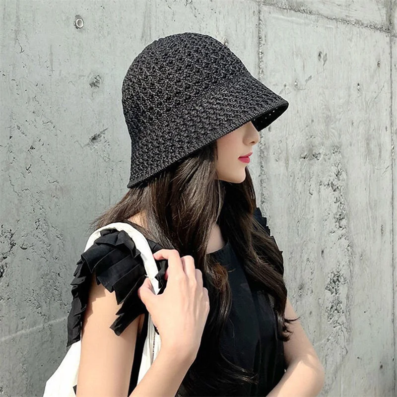 

Summer Collapsible Dome Knit Bucket Hat Women Hollow Out Simplicity Beach Caps