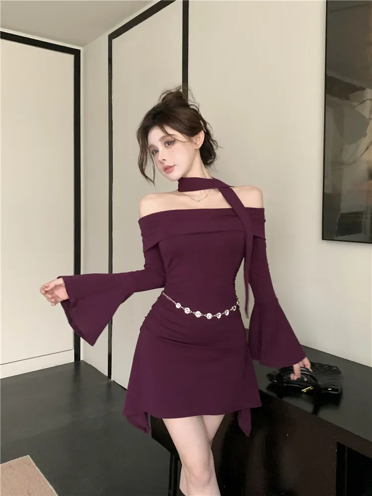 Black Purple Women Off Shoulder Short Irregular Dress Flare Sleeve Sexy Slash Neck A Line Mini Dress Chain Belt Bottoming Dress