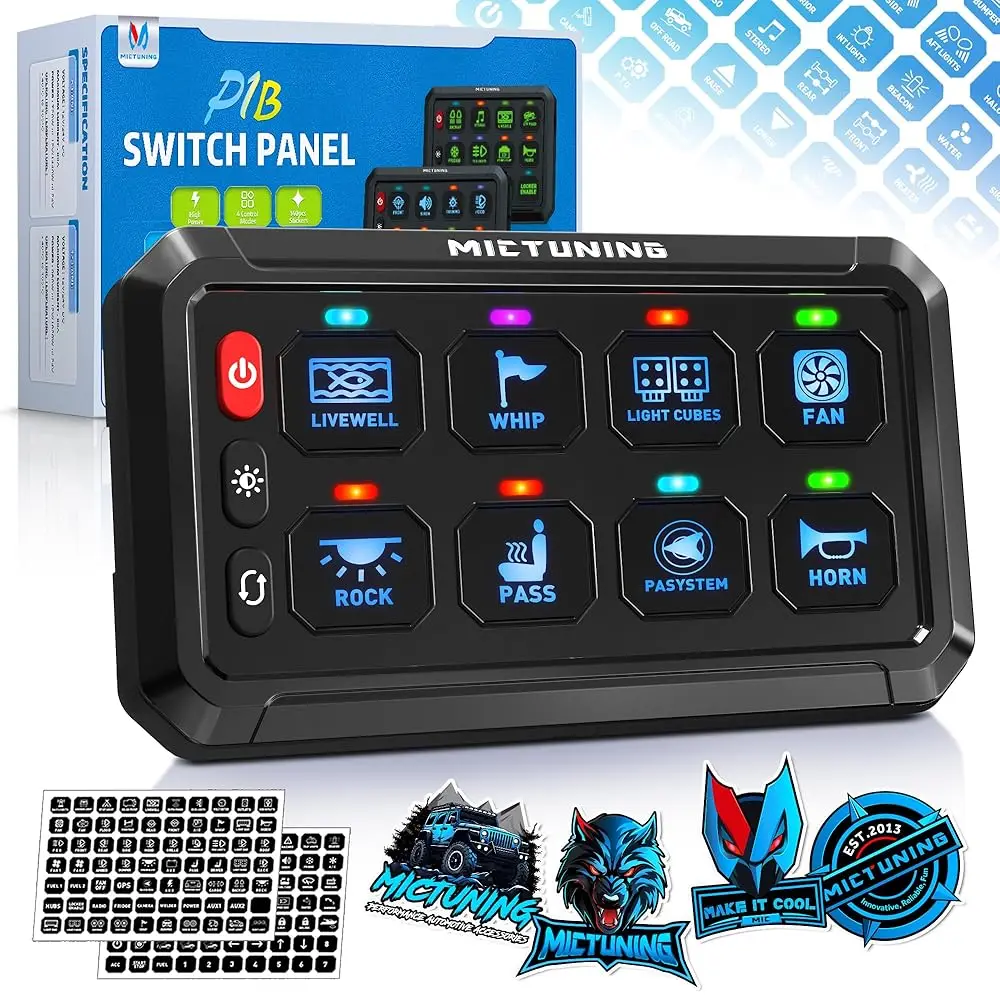 

MICTUNING P1B 8 Gang Switch Panel Blue, Multifunction Toggle Momentary Flash Strobe Pulsed Switch Pod with Backlit Off for Truck