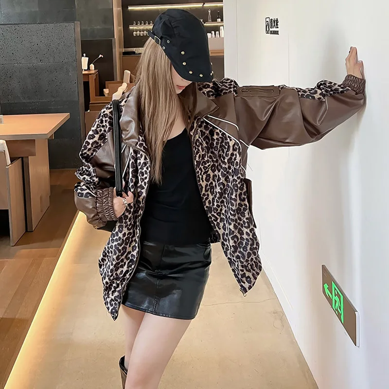 Leopard Leather Splice Y2k Jacket Men Women Streetwear Fashion Hip Hop Loose Casual Bomber Jacket Unisex Coat Outerwear