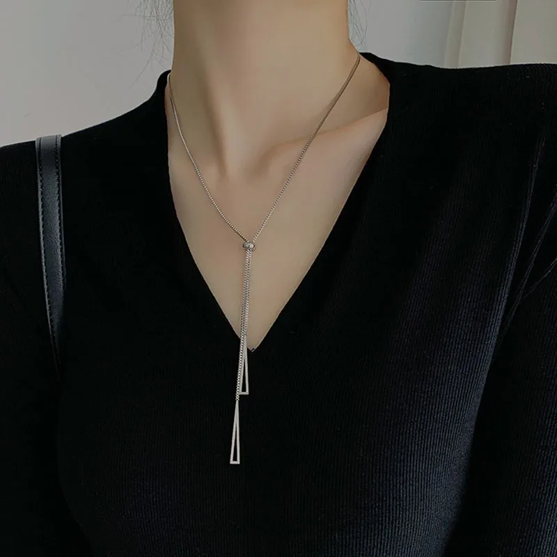 Geometric Cut-out Long Tassel Adjustable Necklace Simple Premium Waterproof Accessory Stainless Steel Women's Delicate Gift