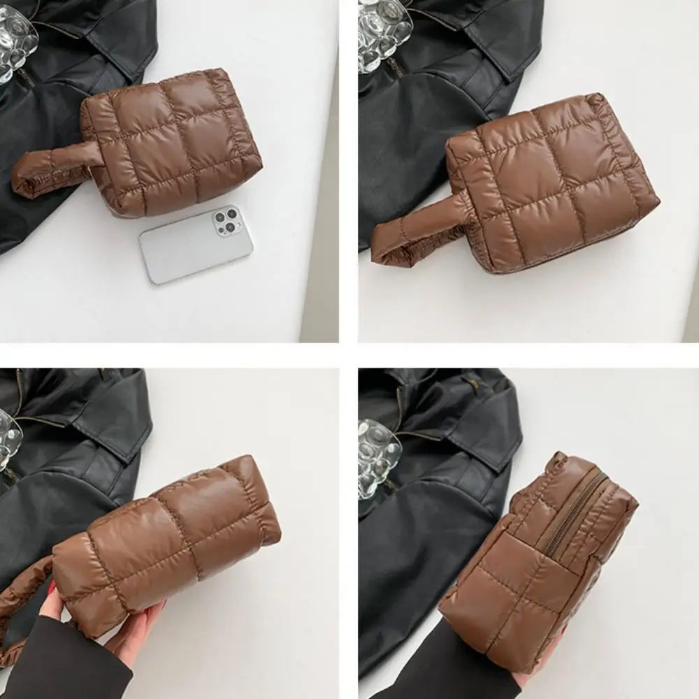 Simple Solid Color Puffer Handbag Quilted PU Leather Padded Makeup Bag Square Korean Style Plaid Clutch Bag Girls