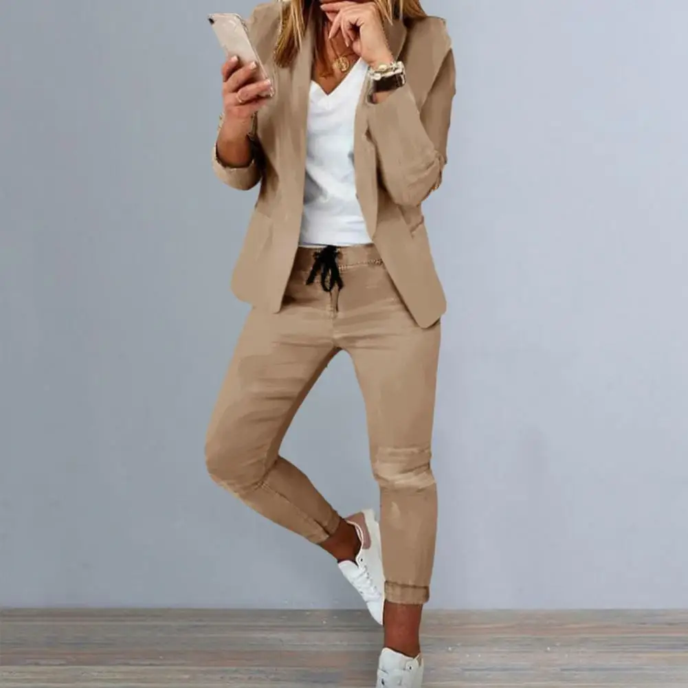 Conjunto de pantalones hasta el tobillo para mujer, traje de negocios elegante con pantalones ajustados, abrigo de solapa elegante con cordón para profesional