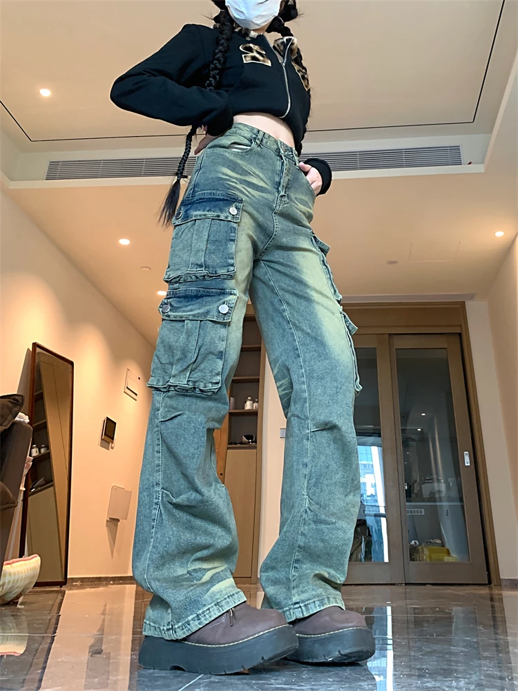 Women's Tie-dye Multi Pocket Wide Leg Vintage Jeans Cool Girl High Waisted Streetwear Fashion Pants Female Casual Denim Trouser