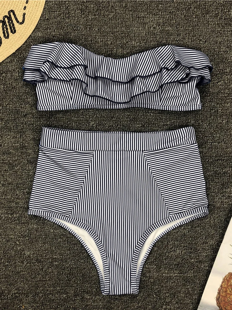 Striped Bikini 2023 New Arrival Strapless Sexy Bikinis High Waist Swimwear Women Ruffles Swimsuit Brazilian Biquini