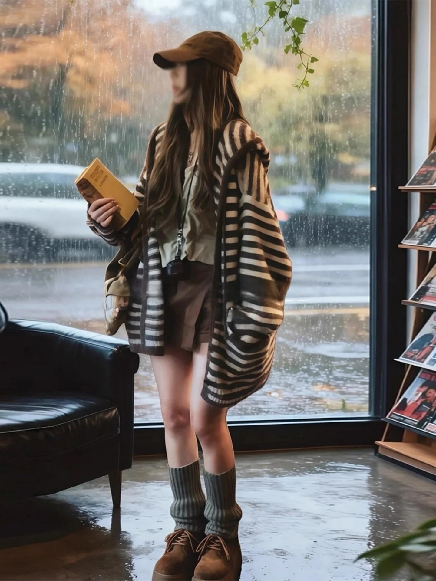 

Khaki Striped Long Sleeve Hooded Open Cardigan Jacket Rouje Kefss Lazy Style Top for Autumn Commute Casual Loose Fit Coat