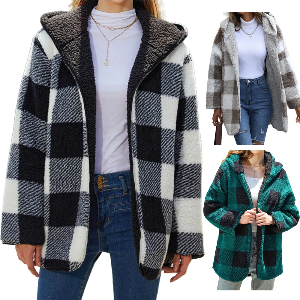 

Autumn Plaid Coat Elegant Women Hoddies Warm Teddy Bear Coat Wool Jacket Female Plush Coats Hooded Jacket Women's Parka Coats