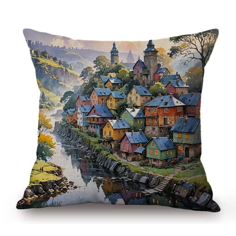 Beautiful Riverside Town Oil Painting Scenery Decoration Art Home Decorative Sofa Throw Pillow Case Linen Cushion Cover