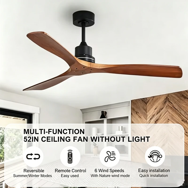 

Modern 52" Wood Ceiling Fan No Light 3 Blades Reversible 6-Speed Quiet Fan with Remote for Bedrooms Living Rooms Farmhouses