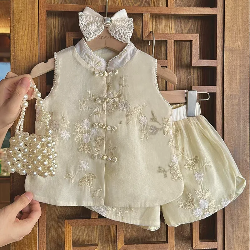 Tops Pants 2 Piece Set Kids Casual Chinese Girls Hanfu Suit Costume Girl Sets Children's Clothing Fashion Baby Outfit Summer