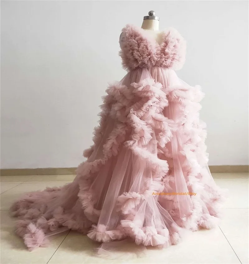 Grey Women Prom Dress Sexy V Neck Sleeveless A Line Tiered Tulle Sleepwear Evening Gown Customized Formal Bridal Robe