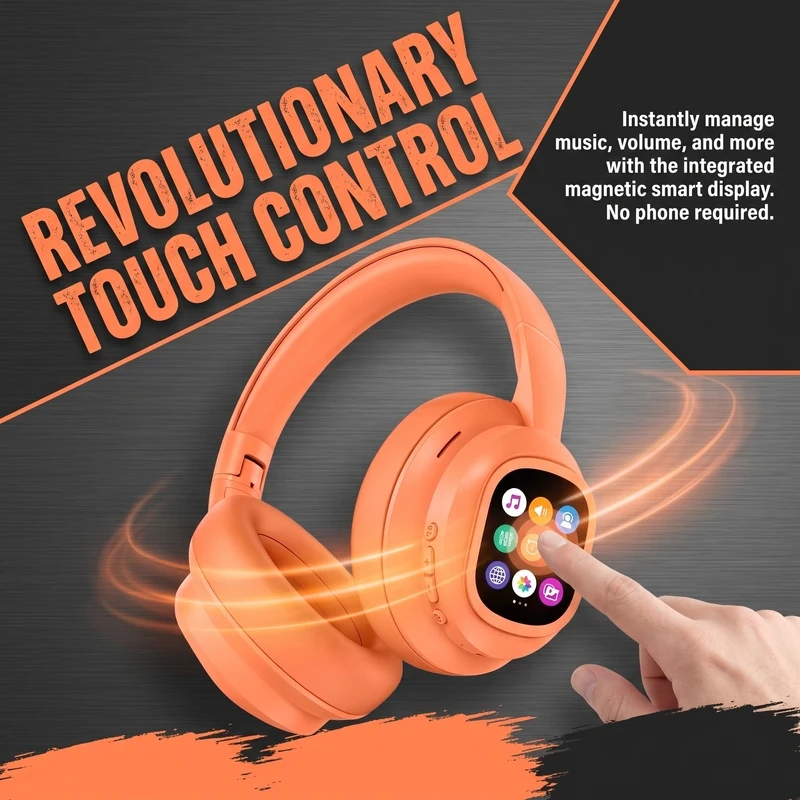 Hi‑Fi Stereo Over‑Ear Foldable Bluetooth Headphones, Wireless Noise Cancelling Headset Equipped with Detachable Magnetic Touch Screen for Phone PC