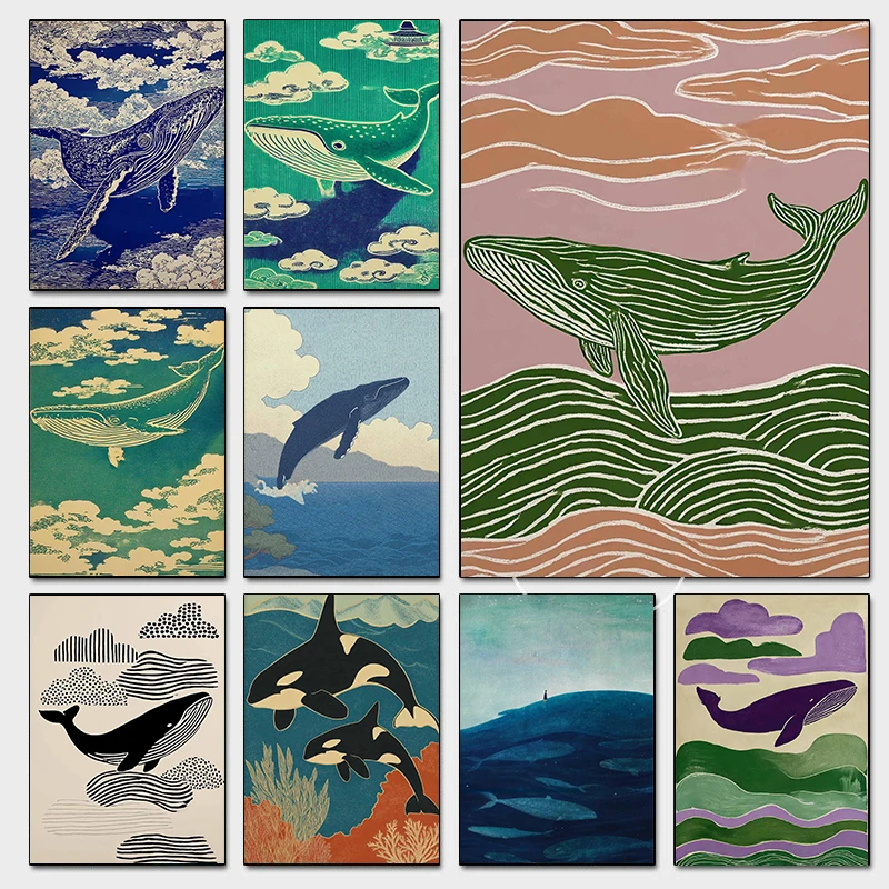 الحد الأدنى اليابانية الحوت الحياة البحرية الملصقات مجردة خط المطبوعات التقليدية حائط لوح رسم صور ديكور غرفة المعيشة المنزلي