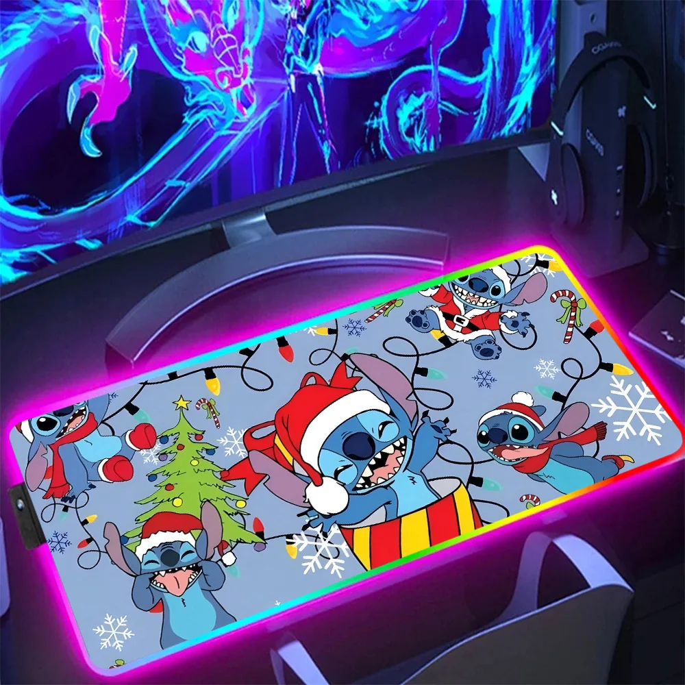 Disneies Stitch Christmas Hot RGB Pc Gamer Keyboard Mouse Pad Mousepad LED Glowing Mouse Mats Rubber Gaming Computer Mausepad