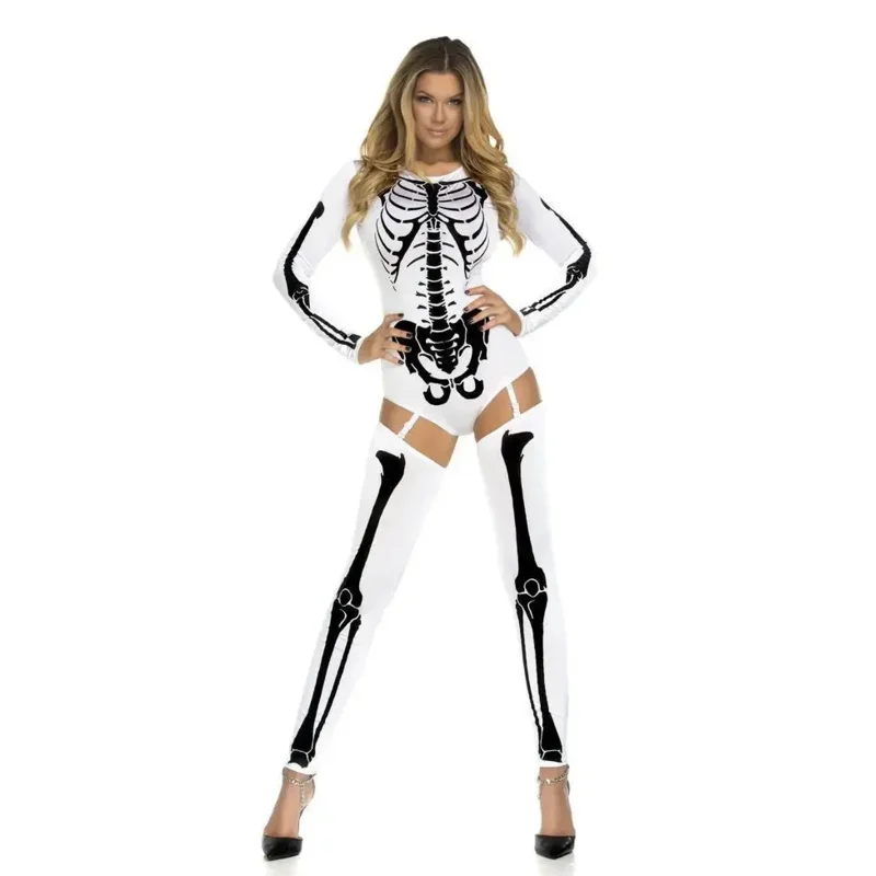 Adult Halloween Party Costume Scary Devil Ghost Cosplay Women Skull Skeleton Prints Leotard Catsuit Costume MS1795