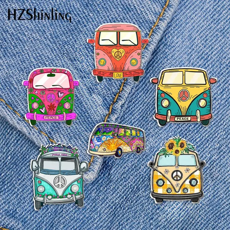 2023 New Love and Peace Van Acrylic Lapel Pin Flower Bus Epoxy Butterfly Clasp Pin Handmade Butterfly Brooch