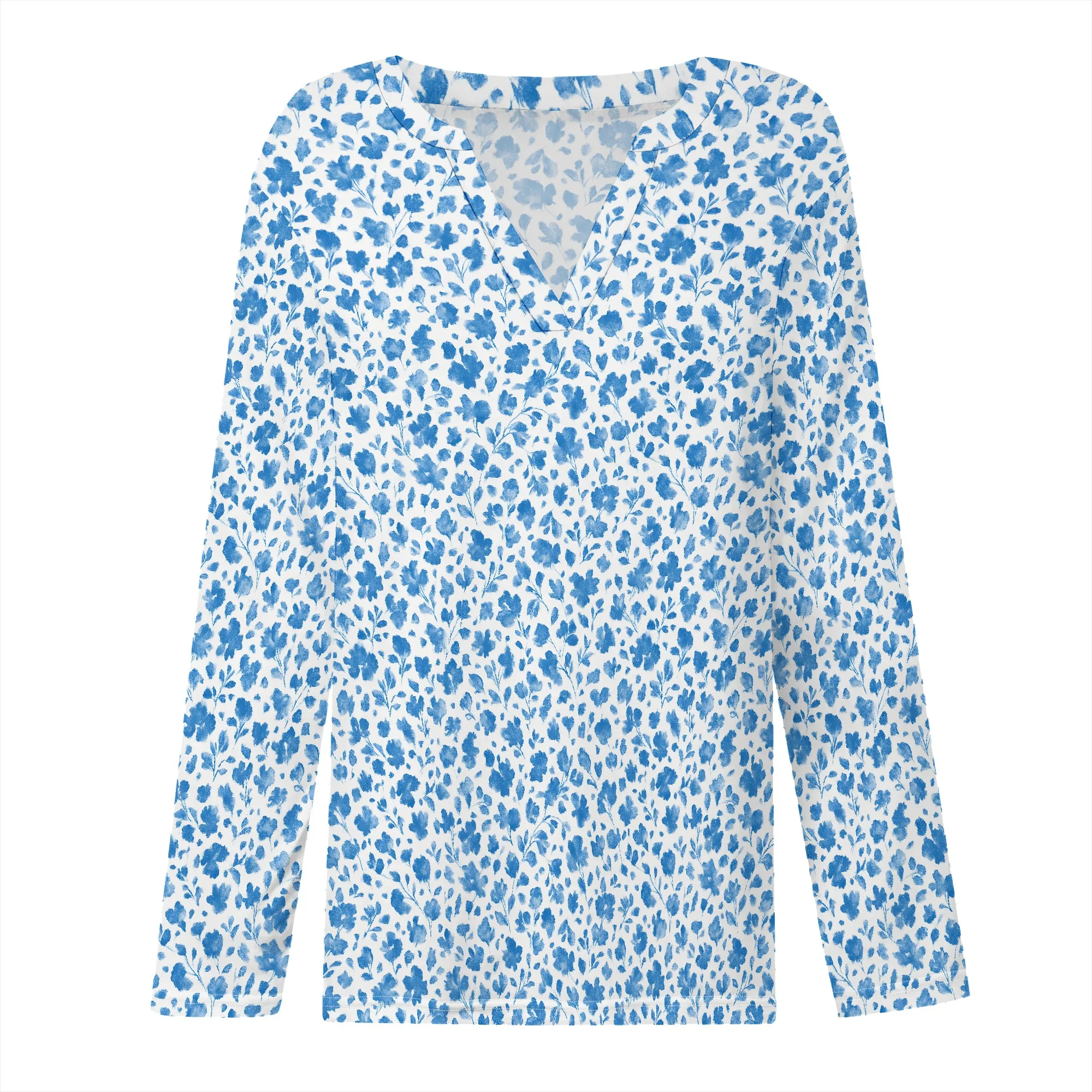 สตรีฤดูร้อนเสื้อแขนยาว V คอลําลองพิมพ์เสื้อ Basic เสื้อหลวม Fit เสื้อ