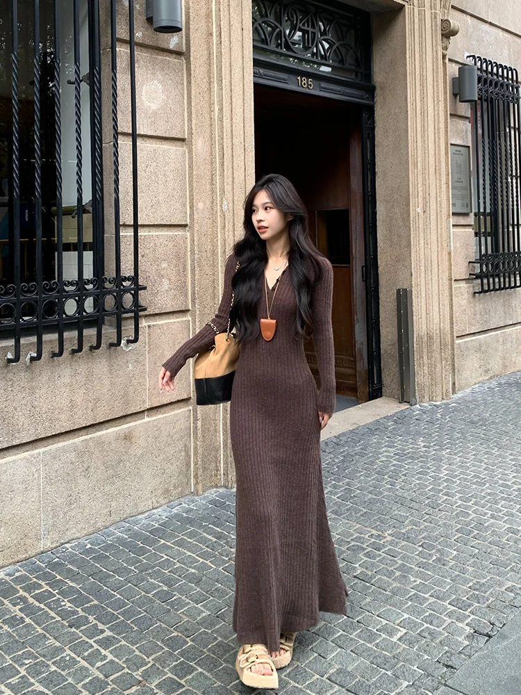 

Adan Long Knitted Dr with Hat V-Ne Women's Faion Slimming High Waist Commute Sle A-Line Skirt Korean Sle